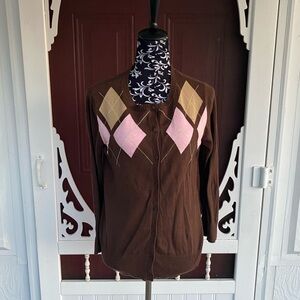Cherokee Women's Long Sleeve Argyle Cardigan Button Up Sweater Size Medium